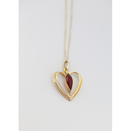 267 - Garnet Set Heart Form Rolled Gold Pendant Necklace 42cm Long