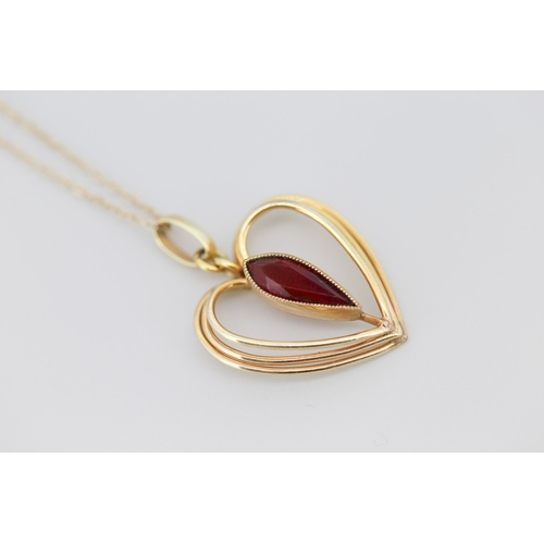 267 - Garnet Set Heart Form Rolled Gold Pendant Necklace 42cm Long