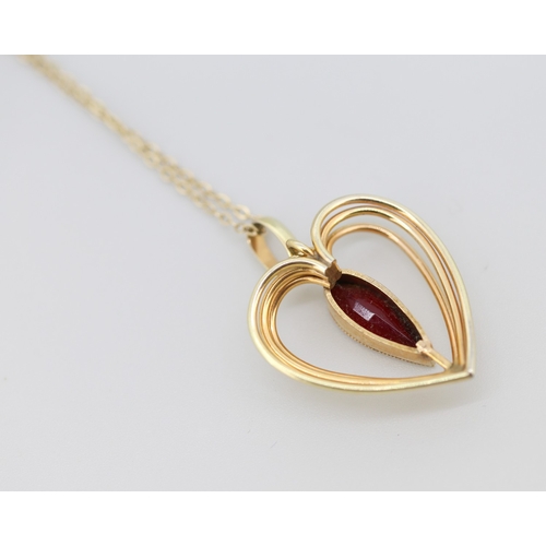 267 - Garnet Set Heart Form Rolled Gold Pendant Necklace 42cm Long