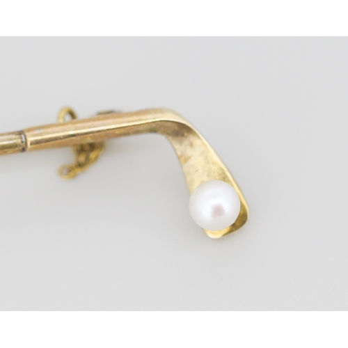 268 - Pearl Set 9 Carat Yellow Gold Golf Club Motif Brooch 6.5cm