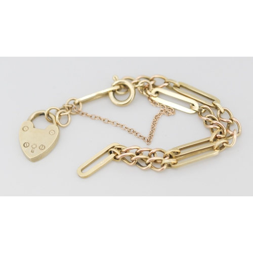 270 - 9 Carat Yellow Gold Fancy Link Bracelet with Heart Padlock Charm and Safety Chain 18cm Long