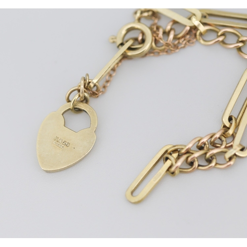 270 - 9 Carat Yellow Gold Fancy Link Bracelet with Heart Padlock Charm and Safety Chain 18cm Long