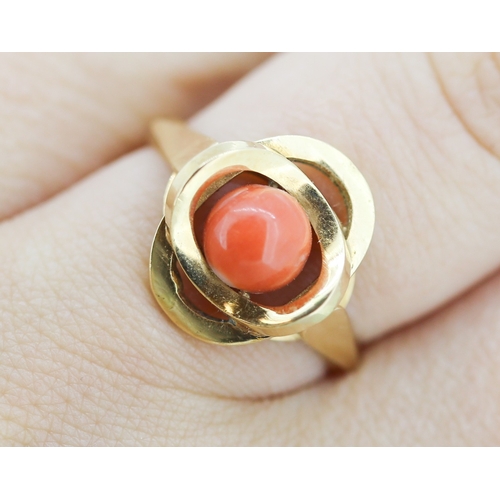 271 - Coral Bead Set Knot Form Ring Mounted in 18 Carat Yellow Gold Ring Size P