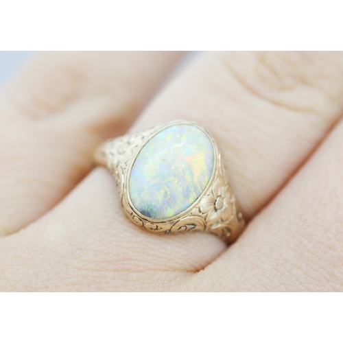 273 - Synthetic Opal Single Stone Set Ring Incised Floral Motifs Mounted in 9 Carat Yellow Gold Ring Size ... 