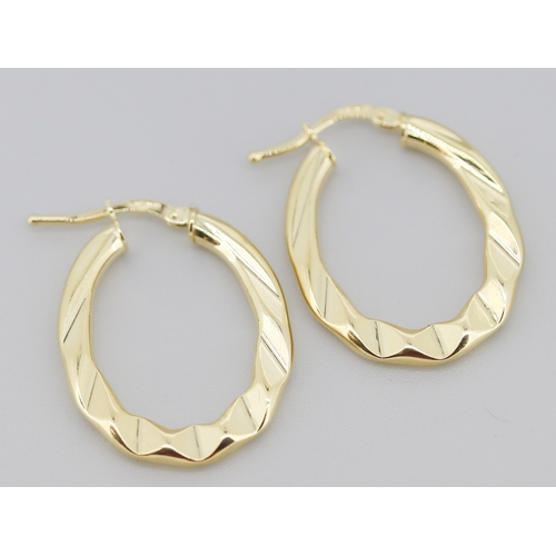 279 - Pair of Moder Form Oval Hoop Earrings Mounted in 9 Carat Yellow Gold 3cm