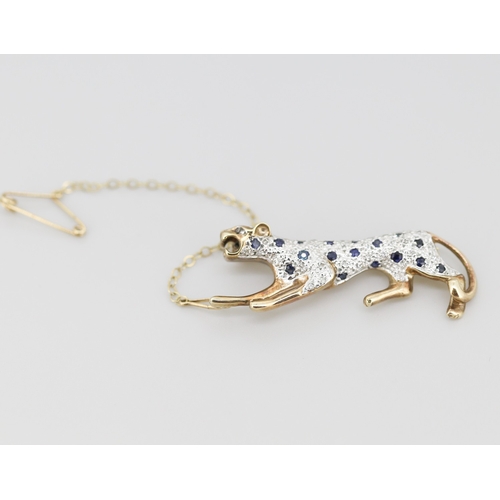 281 - Sapphire and Diamond Set Leopard Motif Brooch Mounted in 9 Carat Yellow Gold with Safety Chain 5cm