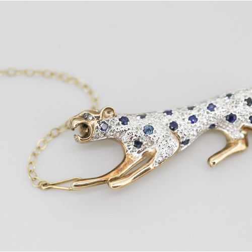 281 - Sapphire and Diamond Set Leopard Motif Brooch Mounted in 9 Carat Yellow Gold with Safety Chain 5cm
