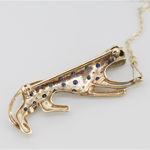 281 - Sapphire and Diamond Set Leopard Motif Brooch Mounted in 9 Carat Yellow Gold with Safety Chain 5cm