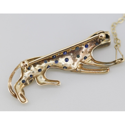 281 - Sapphire and Diamond Set Leopard Motif Brooch Mounted in 9 Carat Yellow Gold with Safety Chain 5cm