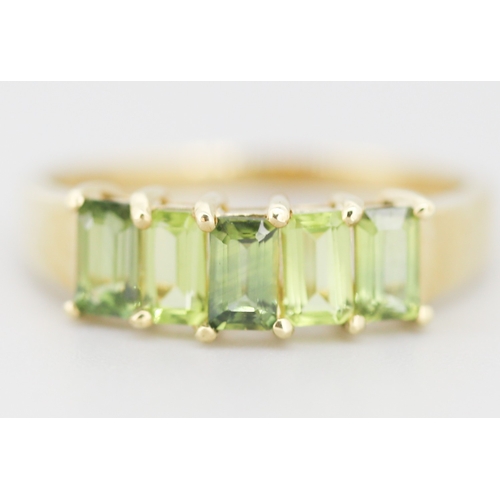284 - Emerald Cut Peridot and Demantoid Set Five Stone Ring Mounted in 9 Carat Yellow Gold Ring Size S