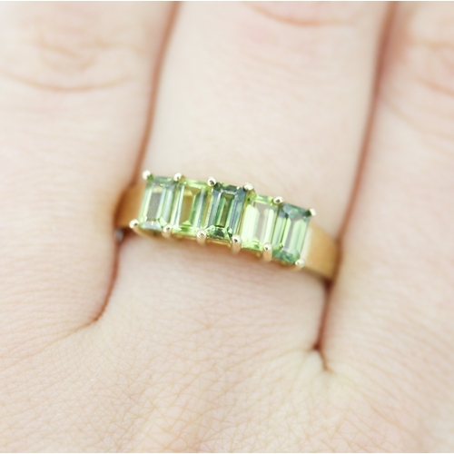 284 - Emerald Cut Peridot and Demantoid Set Five Stone Ring Mounted in 9 Carat Yellow Gold Ring Size S