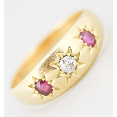 297 - Attractively Detailed Ruby and Diamond Set Three Stone Ring Mounted in 18 Carat Yellow Gold Ring Siz... 