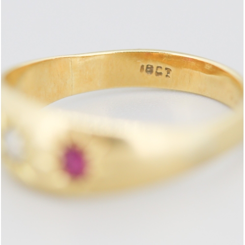 297 - Attractively Detailed Ruby and Diamond Set Three Stone Ring Mounted in 18 Carat Yellow Gold Ring Siz... 