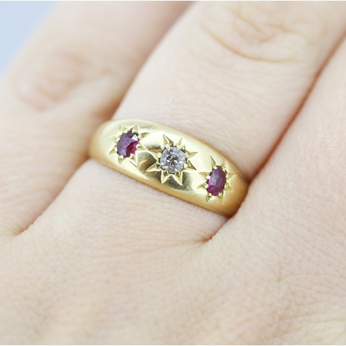 297 - Attractively Detailed Ruby and Diamond Set Three Stone Ring Mounted in 18 Carat Yellow Gold Ring Siz... 