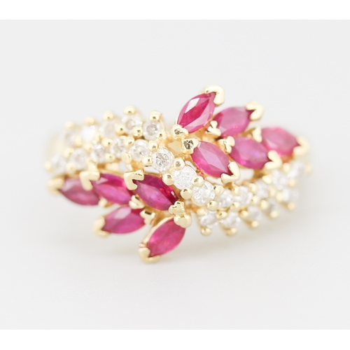 298 - Finely Detailed Marquise Cut Ruby and Diamond Set Cluster Ring Mounted in 14 Carat Yellow Gold Ring ... 