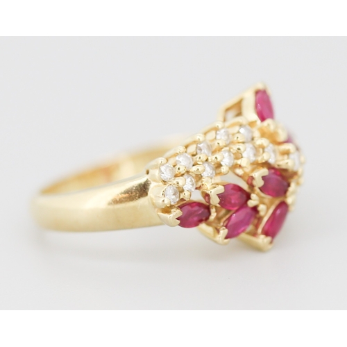 298 - Finely Detailed Marquise Cut Ruby and Diamond Set Cluster Ring Mounted in 14 Carat Yellow Gold Ring ... 