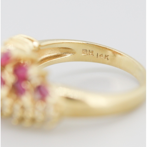 298 - Finely Detailed Marquise Cut Ruby and Diamond Set Cluster Ring Mounted in 14 Carat Yellow Gold Ring ... 