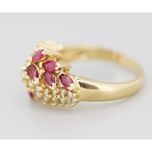 298 - Finely Detailed Marquise Cut Ruby and Diamond Set Cluster Ring Mounted in 14 Carat Yellow Gold Ring ... 