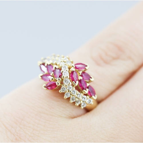 298 - Finely Detailed Marquise Cut Ruby and Diamond Set Cluster Ring Mounted in 14 Carat Yellow Gold Ring ... 