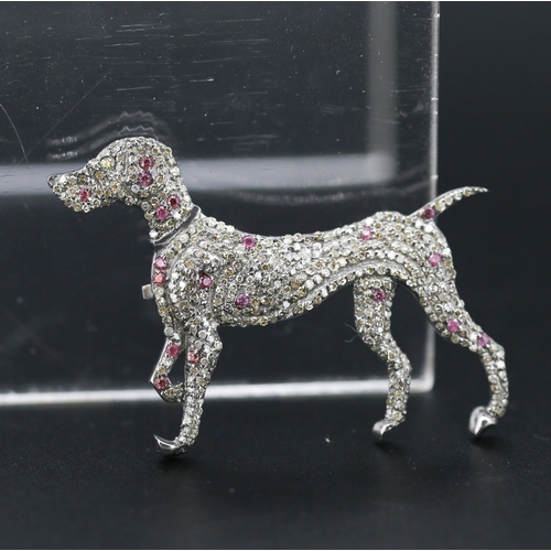 299 - Diamond and Ruby Cluster Set Dog Canine Motif Brooch Mounted in Silver 5cm