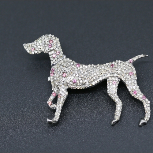 299 - Diamond and Ruby Cluster Set Dog Canine Motif Brooch Mounted in Silver 5cm