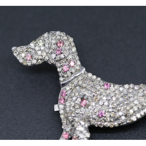 299 - Diamond and Ruby Cluster Set Dog Canine Motif Brooch Mounted in Silver 5cm