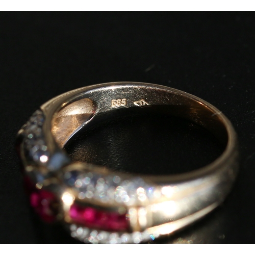 30 - Attractively Detailed Ruby and Diamond Set Heart Motif Ring Mounted in 14 Carat Yellow Gold Ring Siz... 