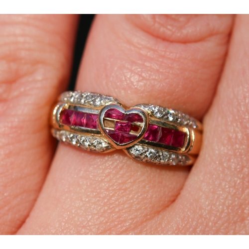 30 - Attractively Detailed Ruby and Diamond Set Heart Motif Ring Mounted in 14 Carat Yellow Gold Ring Siz... 