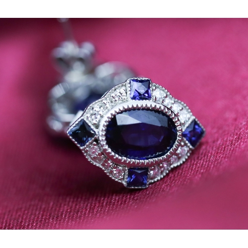 31 - Pair of Attractively Detailed Sapphire Set Earrings with Further Sapphire and Diamond Set Surround M... 