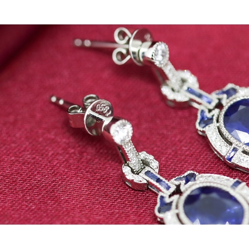 34 - Pair of Attractively Detailed Sapphire Set Earrings with Further Sapphire and Diamond Set Surround M... 