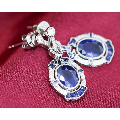 34 - Pair of Attractively Detailed Sapphire Set Earrings with Further Sapphire and Diamond Set Surround M... 