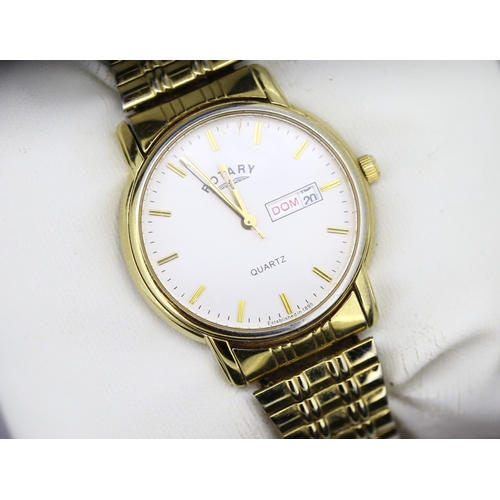 341 - Rotary Gentleman's Gold Tone Quartz Wristwatch Day-Date Aperture with Presentation Box and Certifica... 