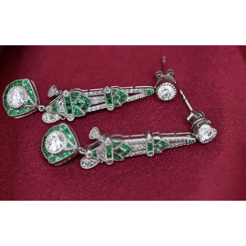 35 - Pair of Finely Detailed Diamond and Emerald Cluster Set Drop Earrings Mounted in Platinum 4cm Drop