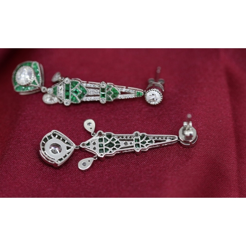 35 - Pair of Finely Detailed Diamond and Emerald Cluster Set Drop Earrings Mounted in Platinum 4cm Drop