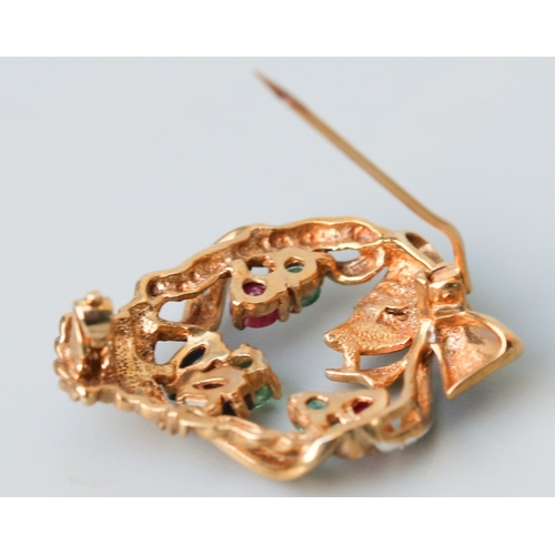 4 - Finely Detailed Sapphire Emerald Ruby and Diamond Set Floral Basket Motif Brooch Mounted in 9 Carat ... 