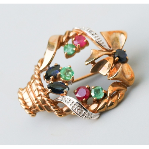 4 - Finely Detailed Sapphire Emerald Ruby and Diamond Set Floral Basket Motif Brooch Mounted in 9 Carat ... 