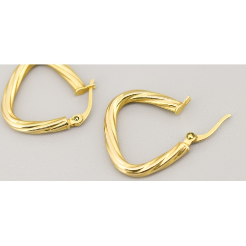 41 - Pair of 9 Carat Yellow Gold Triangle Twist Form Hoop Earrings 2cm