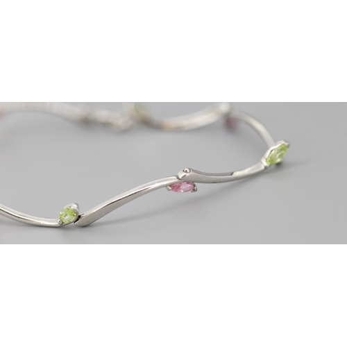 47 - Peridot and Pink Tourmaline Branch Motif Link Bracelet Mounted in 9 Carat White Gold 19cm Long