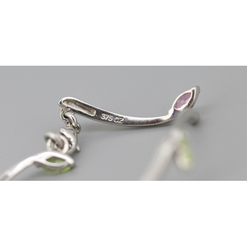 47 - Peridot and Pink Tourmaline Branch Motif Link Bracelet Mounted in 9 Carat White Gold 19cm Long