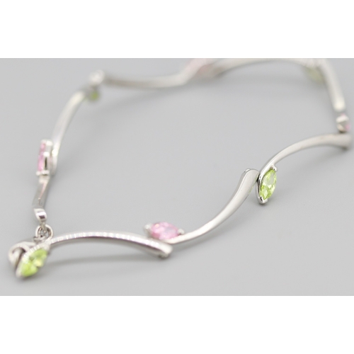 47 - Peridot and Pink Tourmaline Branch Motif Link Bracelet Mounted in 9 Carat White Gold 19cm Long