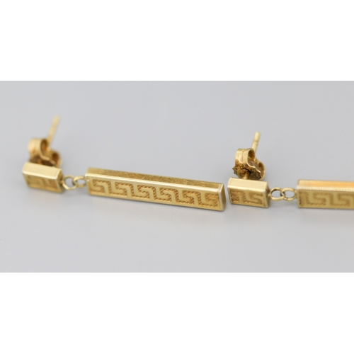 49 - Pair of Greek Key Motif Bar Drop Earrings Mounted in 9 Carat Yellow Gold 3cm Drop