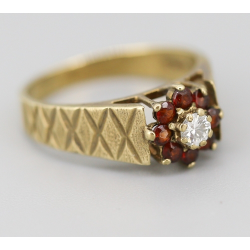 52 - Diamond and Red Garnet Set Ladies Daisy Cluster Ring Mounted in 9 Carat Yellow Gold Incised Detail t... 