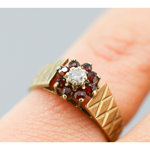 52 - Diamond and Red Garnet Set Ladies Daisy Cluster Ring Mounted in 9 Carat Yellow Gold Incised Detail t... 