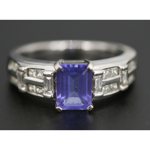 60 - Emerald Cut Sapphire Centre Stone Ring with Baguette Cut and Princess Cut Diamonds to Shoulders Fine... 