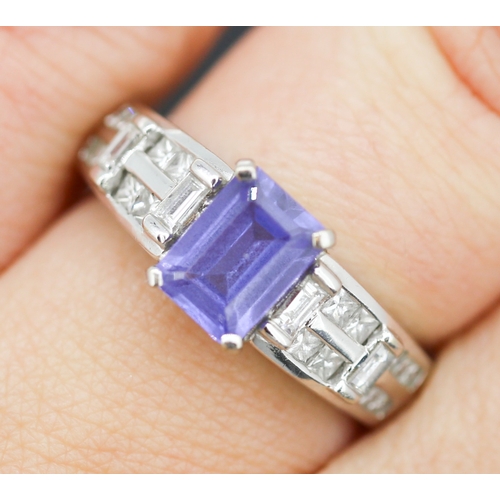 60 - Emerald Cut Sapphire Centre Stone Ring with Baguette Cut and Princess Cut Diamonds to Shoulders Fine... 