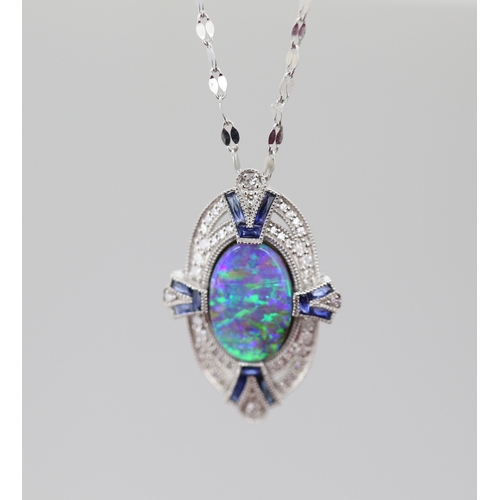 62 - Finely Detailed Opal Set Pendant with Diamond and Sapphire Set Cluster Surround Mounted in Platinum ... 