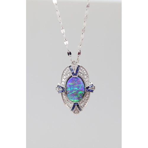 62 - Finely Detailed Opal Set Pendant with Diamond and Sapphire Set Cluster Surround Mounted in Platinum ... 