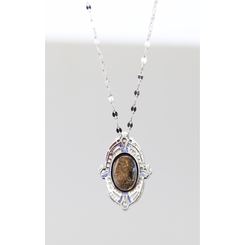 62 - Finely Detailed Opal Set Pendant with Diamond and Sapphire Set Cluster Surround Mounted in Platinum ... 