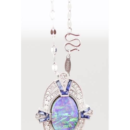 62 - Finely Detailed Opal Set Pendant with Diamond and Sapphire Set Cluster Surround Mounted in Platinum ... 