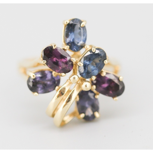 68 - Finely Detailed Iolite Set Floral Spray Cluster Ring Mounted in 9 Carat Yellow Gold Ring Size N